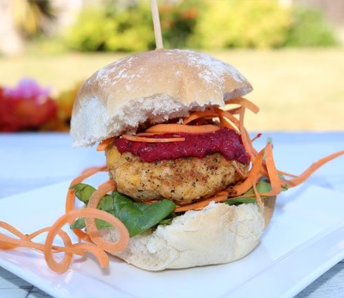 Smokey Chickpea Burgers with Mint & Beetroot Dip