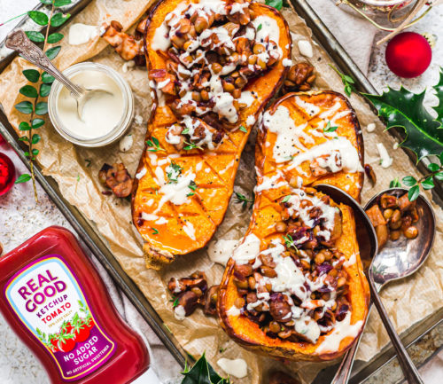 Festive Tomato & Lentil Stuffed Butternut Squash with Chestnuts, Thyme and Garlicky Tahini